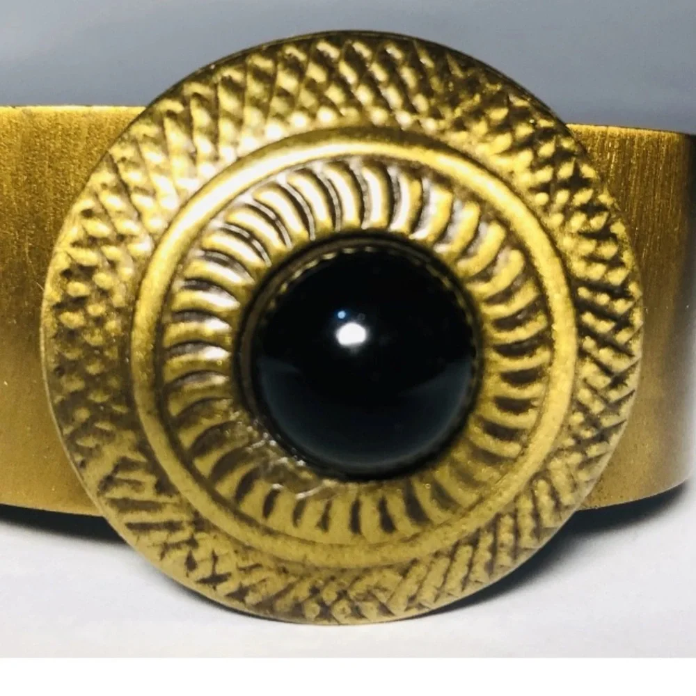 Brass Cuff Bracelet with Textured Medallion and Black Onyx Cabochon